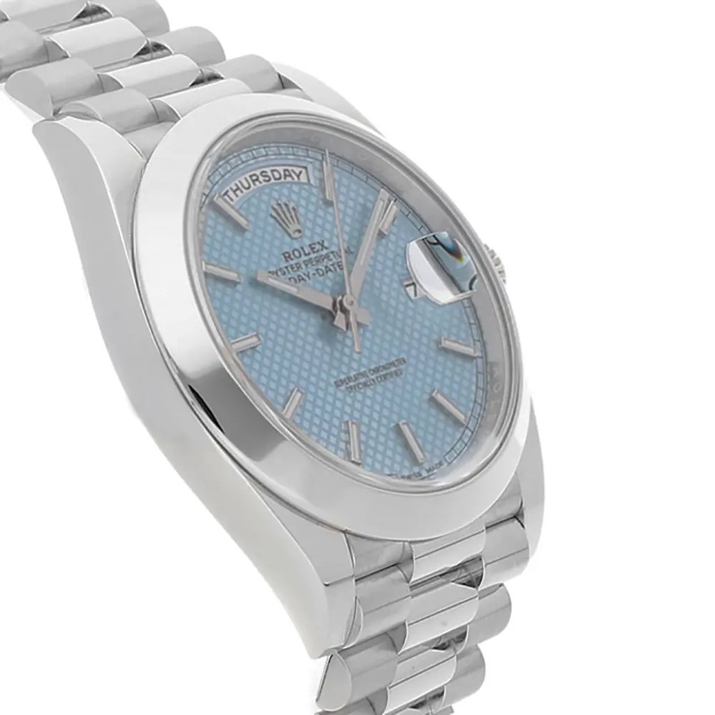 View Of Opposite Crown Facing Side Of Rolex 228206IBLSP Platinum Watch Pre Owned Condition