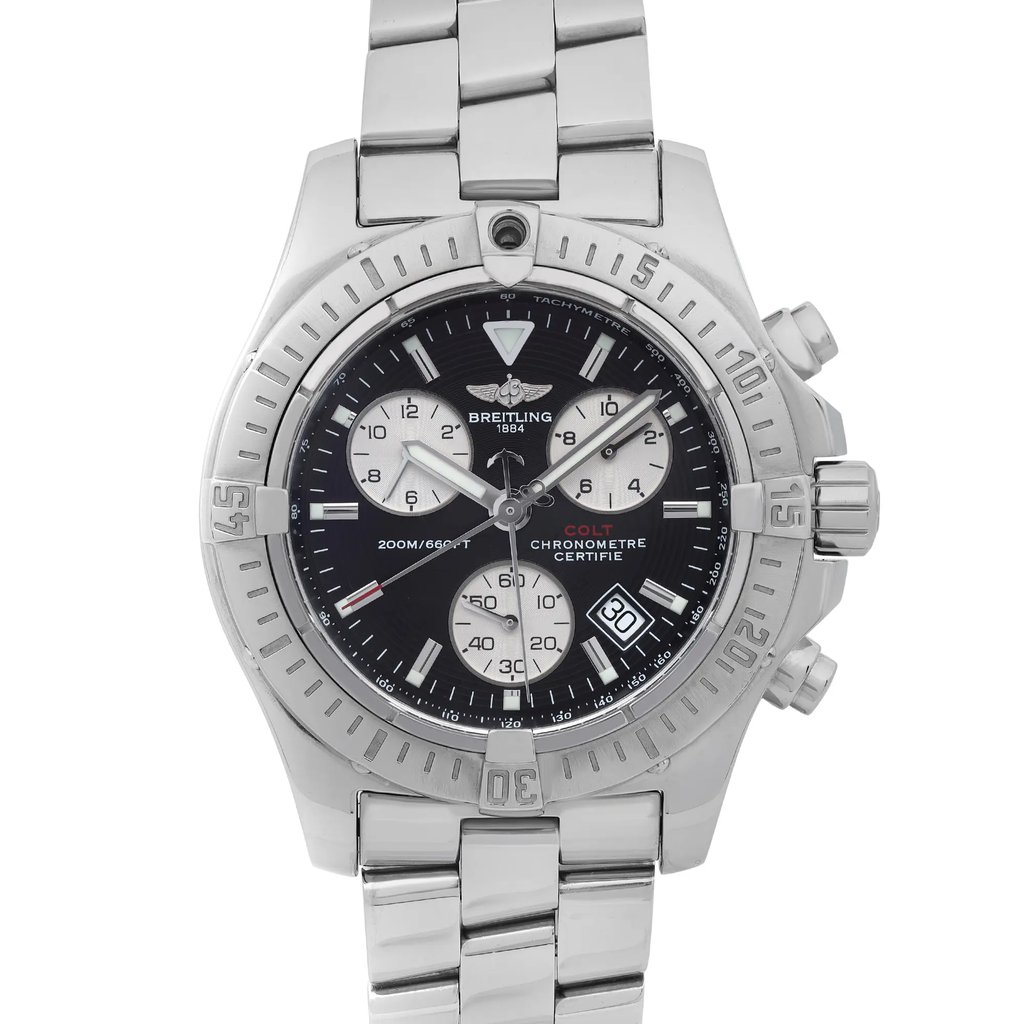 Up Close Front Facing Picture Of Breitling A73380 Stainless Steel Watch Pre Owned Condition