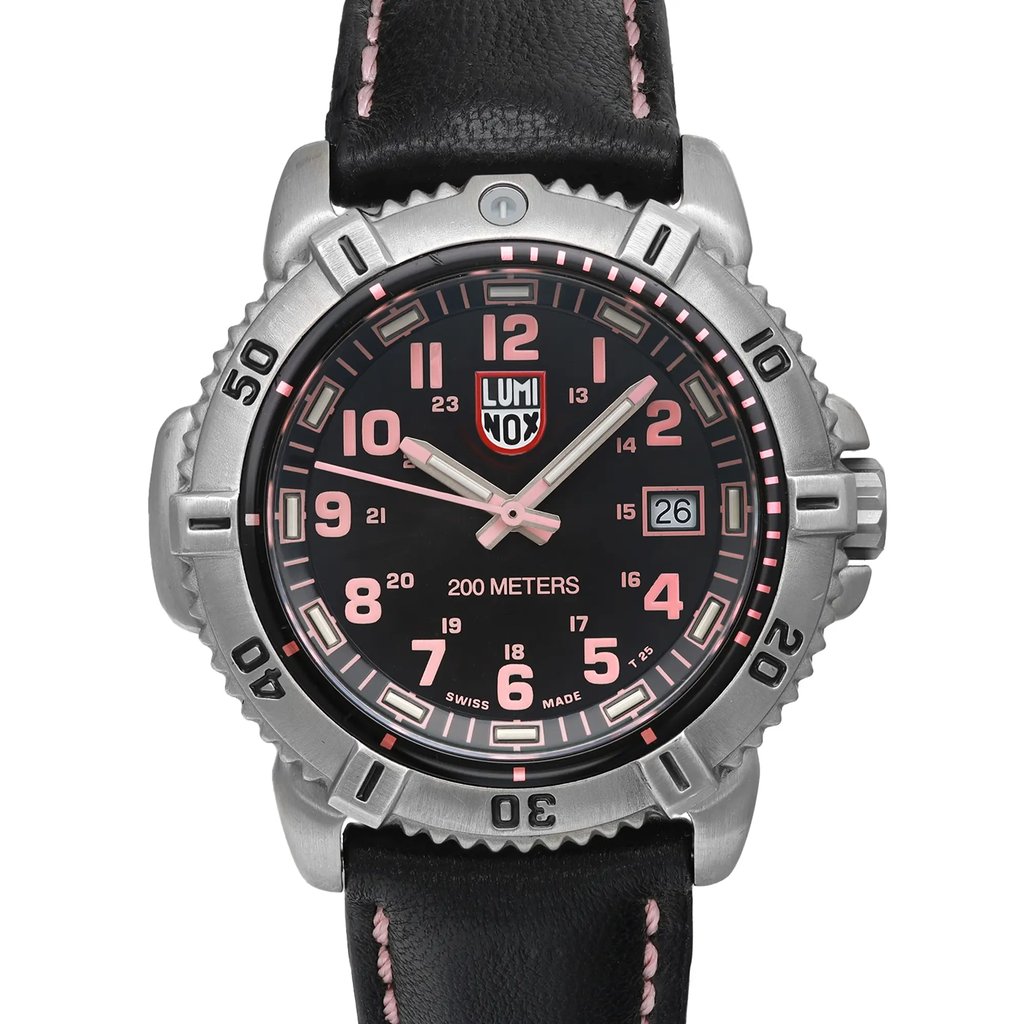 An image of a Wristwatch by Luminox. This Pre Owned item is designed for Women, featuring a Casual,Diver style. It has a Quartz movement and an Analog display with a Black dial color. The indices include 12-Hour Dial,Arabic Numerals,Easy to Read/Large Numerals. The band is made of Leather and the case is made of Stainless Steel. The watch has a Round shape with a case size of 38 mm and a case thickness of 11 mm.
