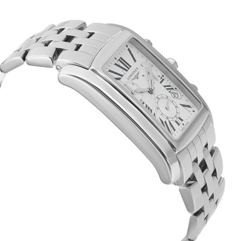 An image of a pre-owned wristwatch shown from a side profile view, opposite the crown. The watch features a polished metal bracelet and a rectangular face with Roman numerals. The angle highlights the sleek design and curvature of the case. The shot is taken from a close distance, emphasizing the watch's elegant details.