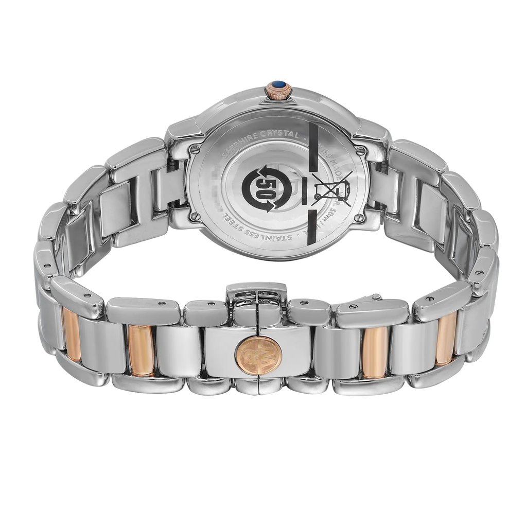 Back View Of Screwback Back Case And Closed Stainless Steel Band Of RAYMOND WEIL 5235-S5-01659 Watch Unworn Condition