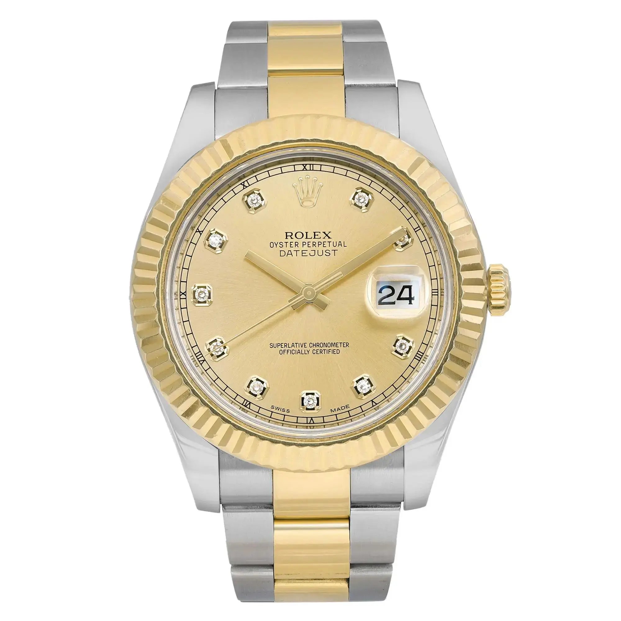 An image of a pre-owned Rolex Oyster Perpetual Datejust men's wristwatch in good condition. The watch is presented in a direct frontal view with the face clearly visible and centered in the image. The dial is a champagne color featuring diamond markers at each hour and a date indicator at the 3 o'clock position. Surrounding the dial is a gold bezel, and the case is made of stainless steel. The watch has a round shape and the band is a combination of stainless steel and yellow gold. The image is taken from a medium distance, allowing for a full view of the watch while also showing minor signs of wear.