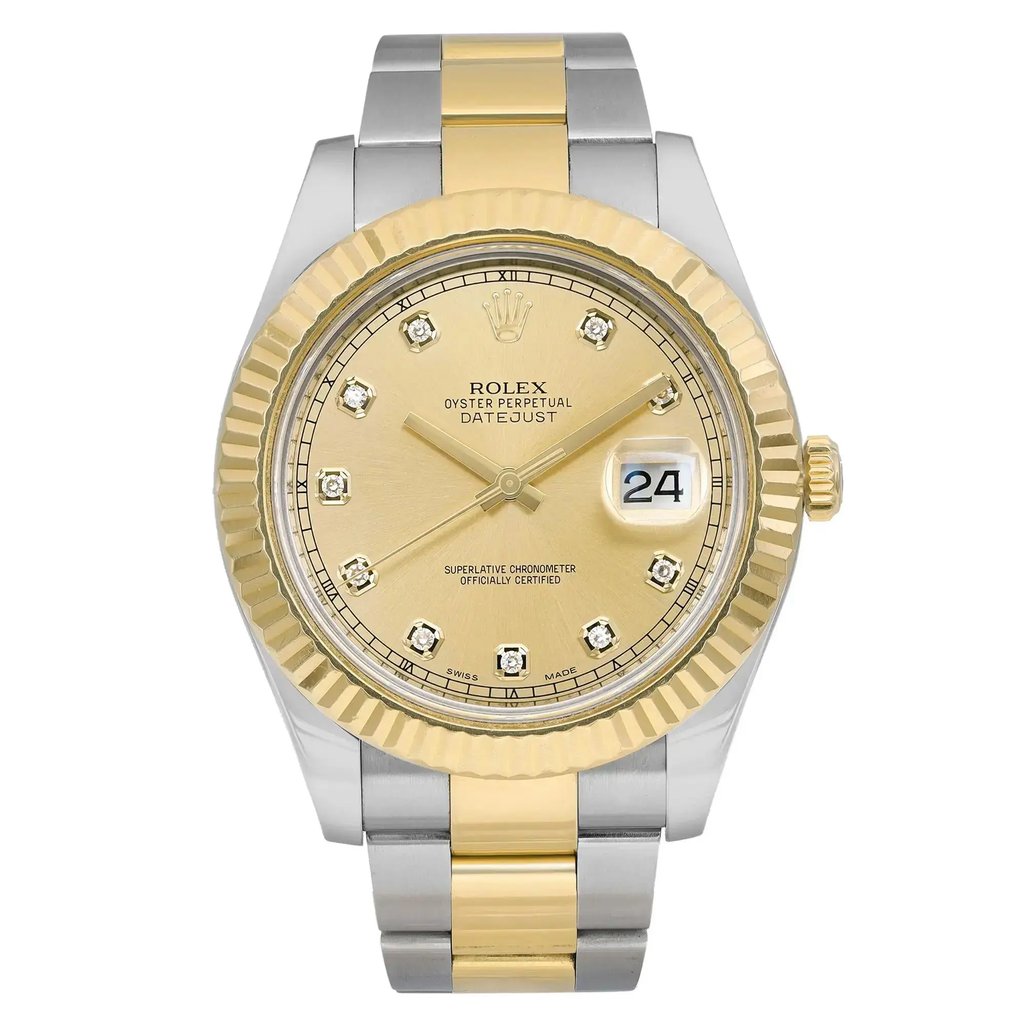 An image of a pre-owned Rolex Oyster Perpetual Datejust men's wristwatch in good condition. The watch is presented in a direct frontal view with the face clearly visible and centered in the image. The dial is a champagne color featuring diamond markers at each hour and a date indicator at the 3 o'clock position. Surrounding the dial is a gold bezel, and the case is made of stainless steel. The watch has a round shape and the band is a combination of stainless steel and yellow gold. The image is taken from a medium distance, allowing for a full view of the watch while also showing minor signs of wear.