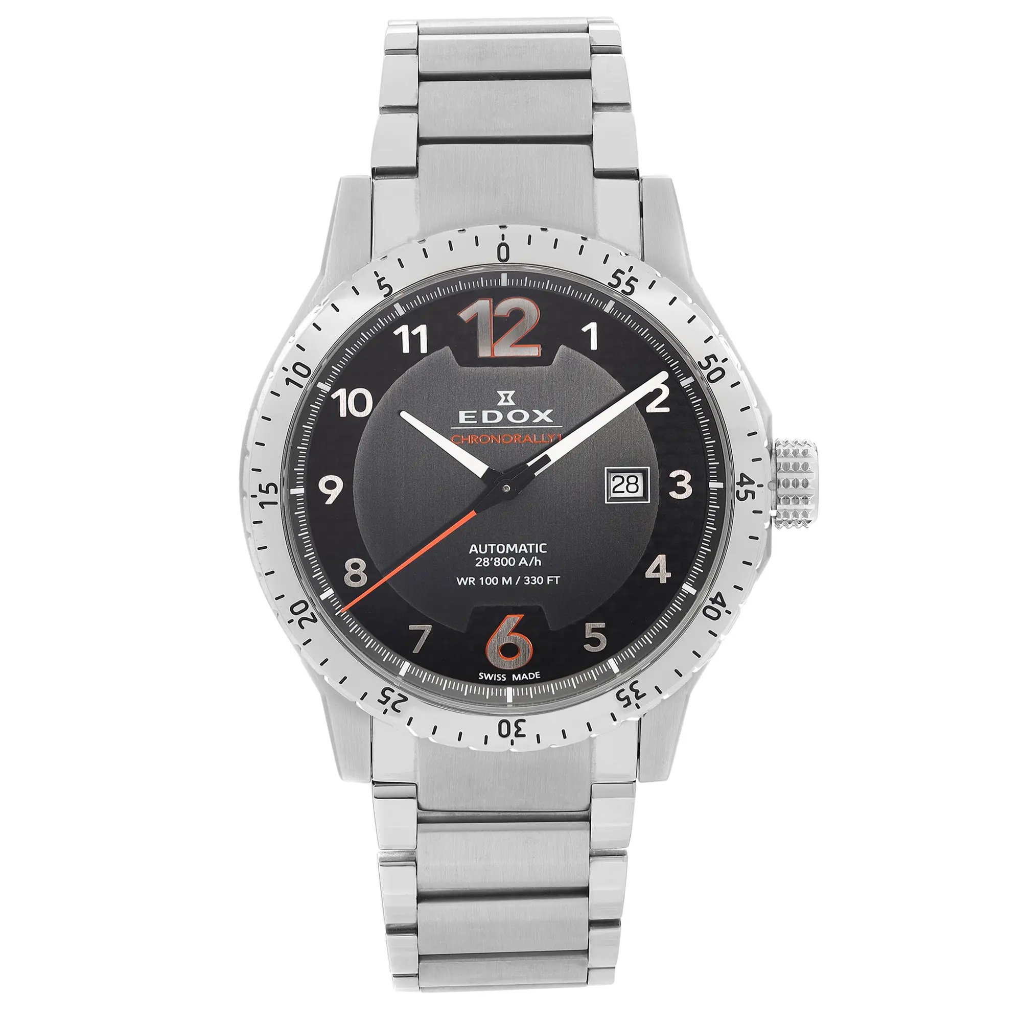 An image of a Wristwatch by Edox. This Display Model item is designed for Men, featuring a Casual style. It has a Mechanical (Automatic) movement and an Analog display with a Black dial color. The indices include 12-Hour Dial,Arabic Numerals. The band is made of Stainless Steel and the case is made of Stainless Steel. The watch has a Round shape with a case size of 45 mm and a case thickness of 12 mm.