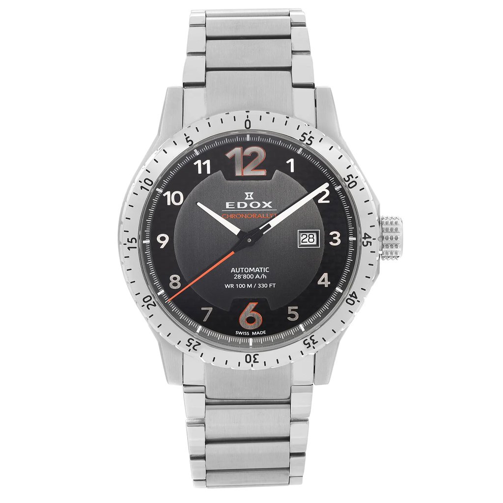 An image of a Wristwatch by Edox. This Display Model item is designed for Men, featuring a Casual style. It has a Mechanical (Automatic) movement and an Analog display with a Black dial color. The indices include 12-Hour Dial,Arabic Numerals. The band is made of Stainless Steel and the case is made of Stainless Steel. The watch has a Round shape with a case size of 45 mm and a case thickness of 12 mm.
