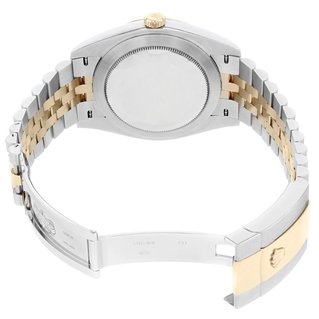 Back View Of {Caseback} Back Case And Open Stainless and Solid Gold Band Of Rolex 126301 Watch Pre Owned Condition