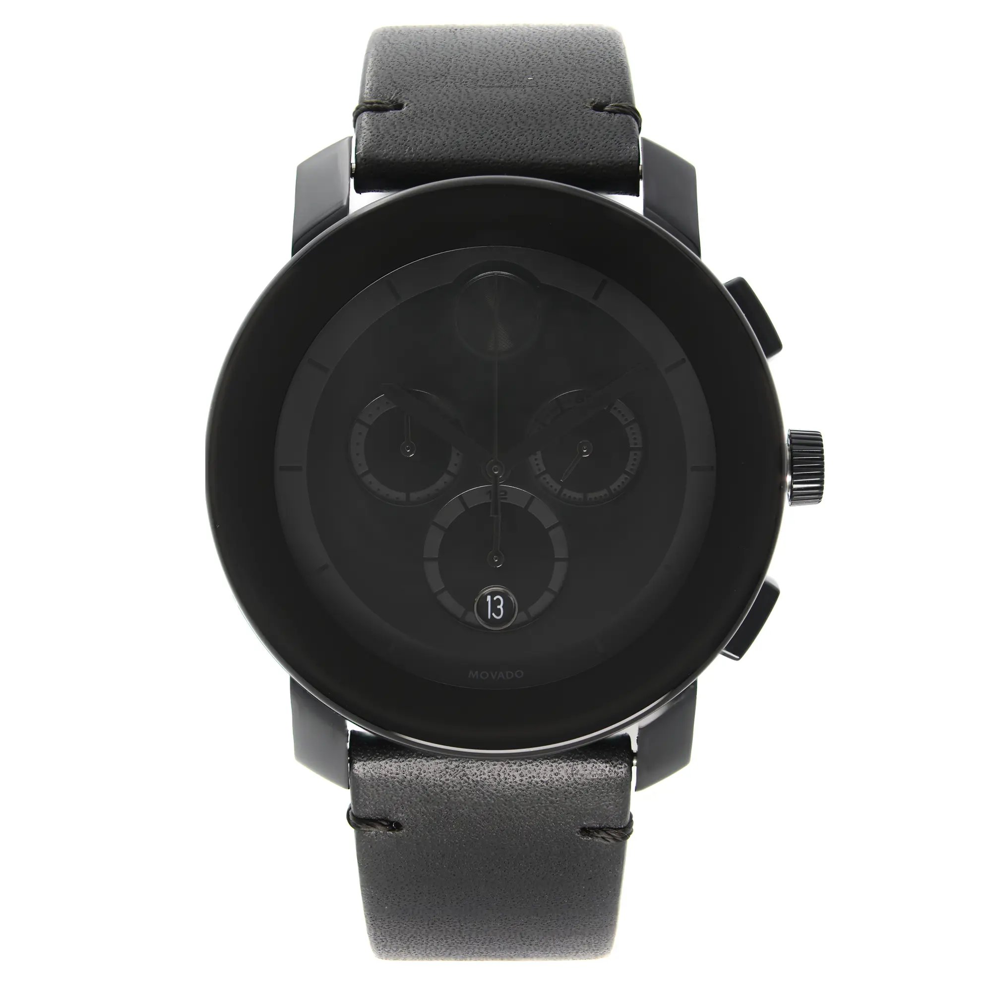 An image of a Wristwatch by Movado. This Pre Owned item is designed for Men, featuring a Casual,Dress/Formal style. It has a Quartz movement and an Analog display with a Black dial color. The indices include Multi Dial,Non-Numeric Hour Marks,Stick Indexes. The band is made of Leather and the case is made of Stainless Steel. The watch has a Round shape with a case size of 43 mm and a case thickness of 11 mm.