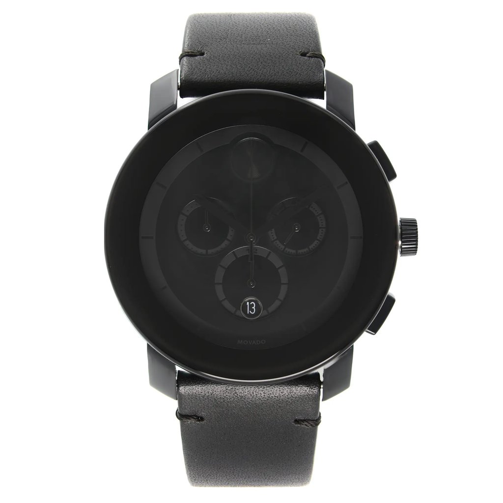 An image of a Wristwatch by Movado. This Pre Owned item is designed for Men, featuring a Casual,Dress/Formal style. It has a Quartz movement and an Analog display with a Black dial color. The indices include Multi Dial,Non-Numeric Hour Marks,Stick Indexes. The band is made of Leather and the case is made of Stainless Steel. The watch has a Round shape with a case size of 43 mm and a case thickness of 11 mm.