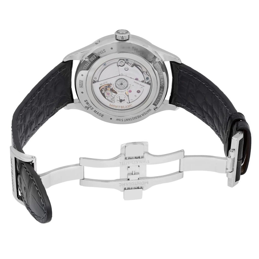 An image of a pre-owned Montblanc men's wristwatch, viewed from the back with an open clasp. The watch is positioned in the center of the frame at a slight angle, showcasing its stainless steel case back with an exhibition window revealing the internal movement. The round watch shape is apparent, with a leather band that is partially unfolded, featuring a deployant closure. The distance is close enough to capture the textured detail of the leather and the engravings on the stainless steel.