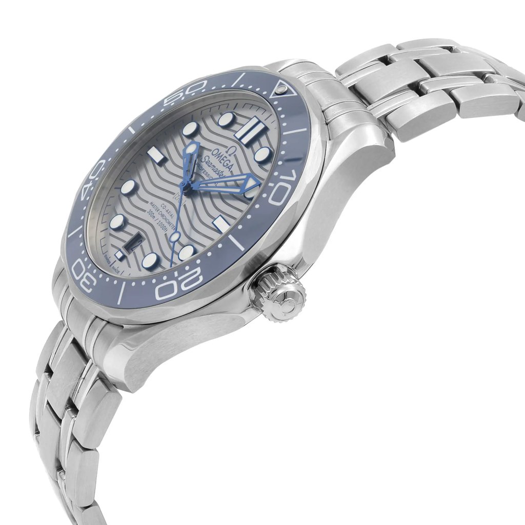 An image of a new wristwatch captured from a side profile view, showcasing the crown prominently. The watch's face is angled slightly upward, highlighting the intricate design on the dial. The silver metal bracelet is visible, with links clearly defined, giving a sense of quality and craftsmanship.