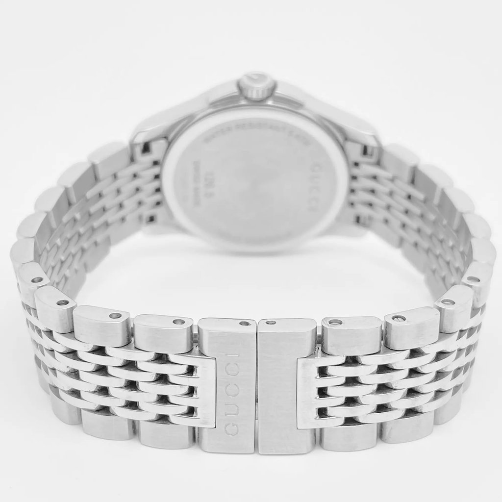 Back View Of Snap Back Case And Closed Stainless Steel Band Of Gucci YA126501 Watch Pre Owned Condition