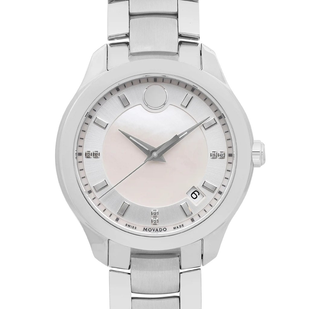 Up Close Front Facing Picture Of Movado 0606978 Stainless Steel Watch Display Model Condition