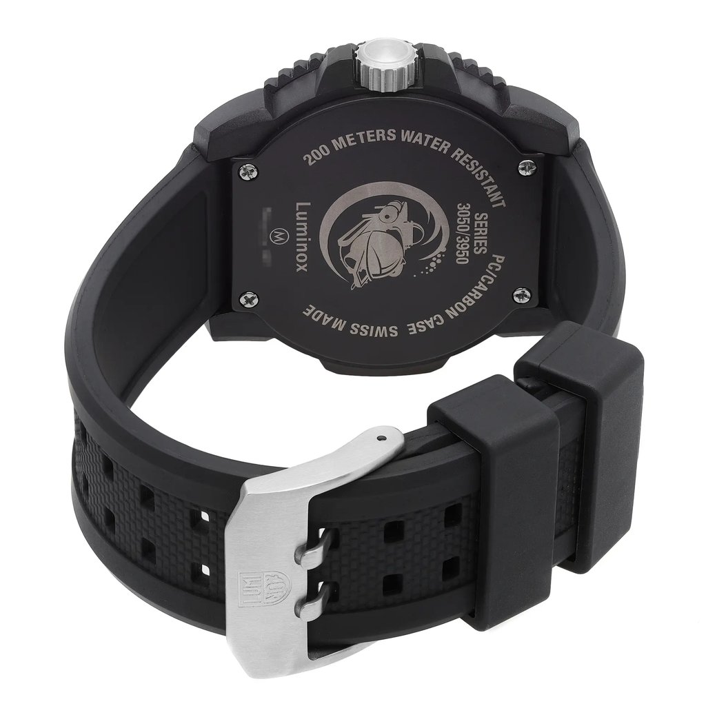 Back View Of Screwback Back Case And Closed Rubber Band Of Luminox XS.3059 Watch Pre Owned Condition