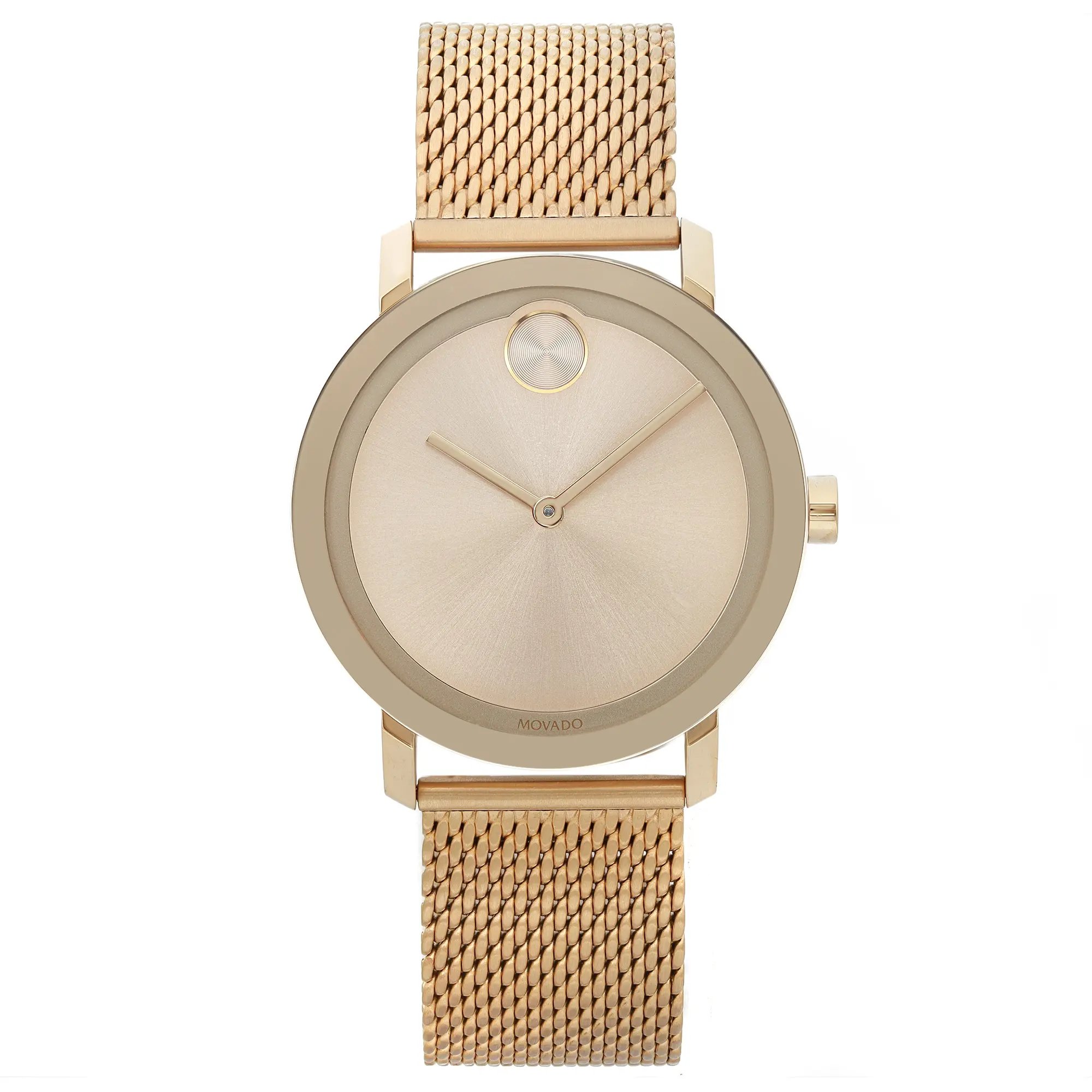 An image of a pre-owned wristwatch shown from a front full frontal view. The watch features a sleek, gold-toned mesh band and a minimalist dial with simple hour and minute hands. The photo captures the watch directly, emphasizing its elegant design and metallic finish.