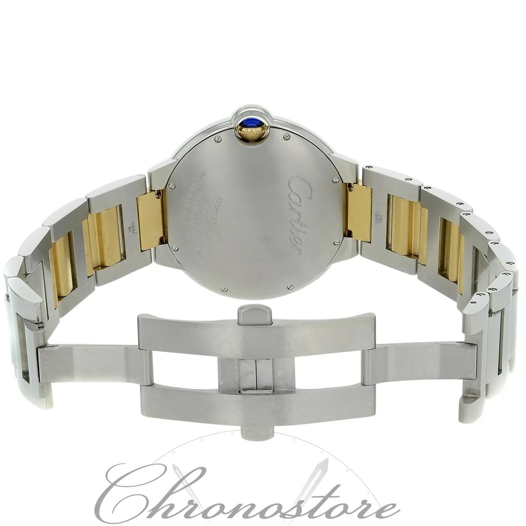 Back View Of {Caseback} Back Case And Open Stainless and Solid Gold Band Of Cartier W69009Z3 Watch Unworn Condition