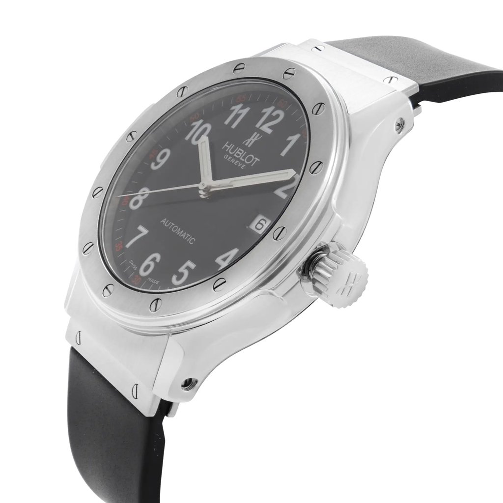 View Of Crown Facing Side Of Hublot B1915.1 Stainless Steel Watch Pre Owned Condition