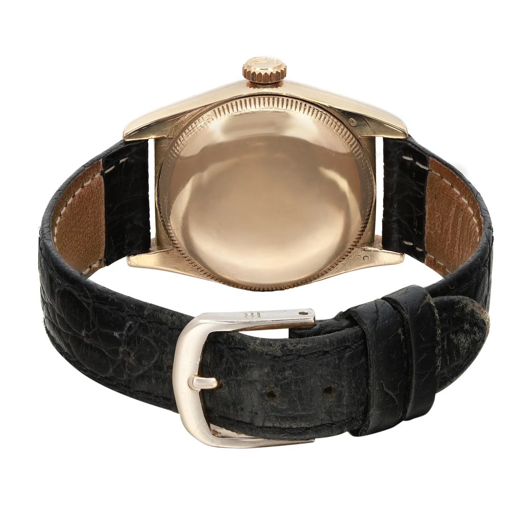 Back View Of Screwback Back Case And Closed Leather Band Of Rolex 5050 Watch Pre Owned Condition