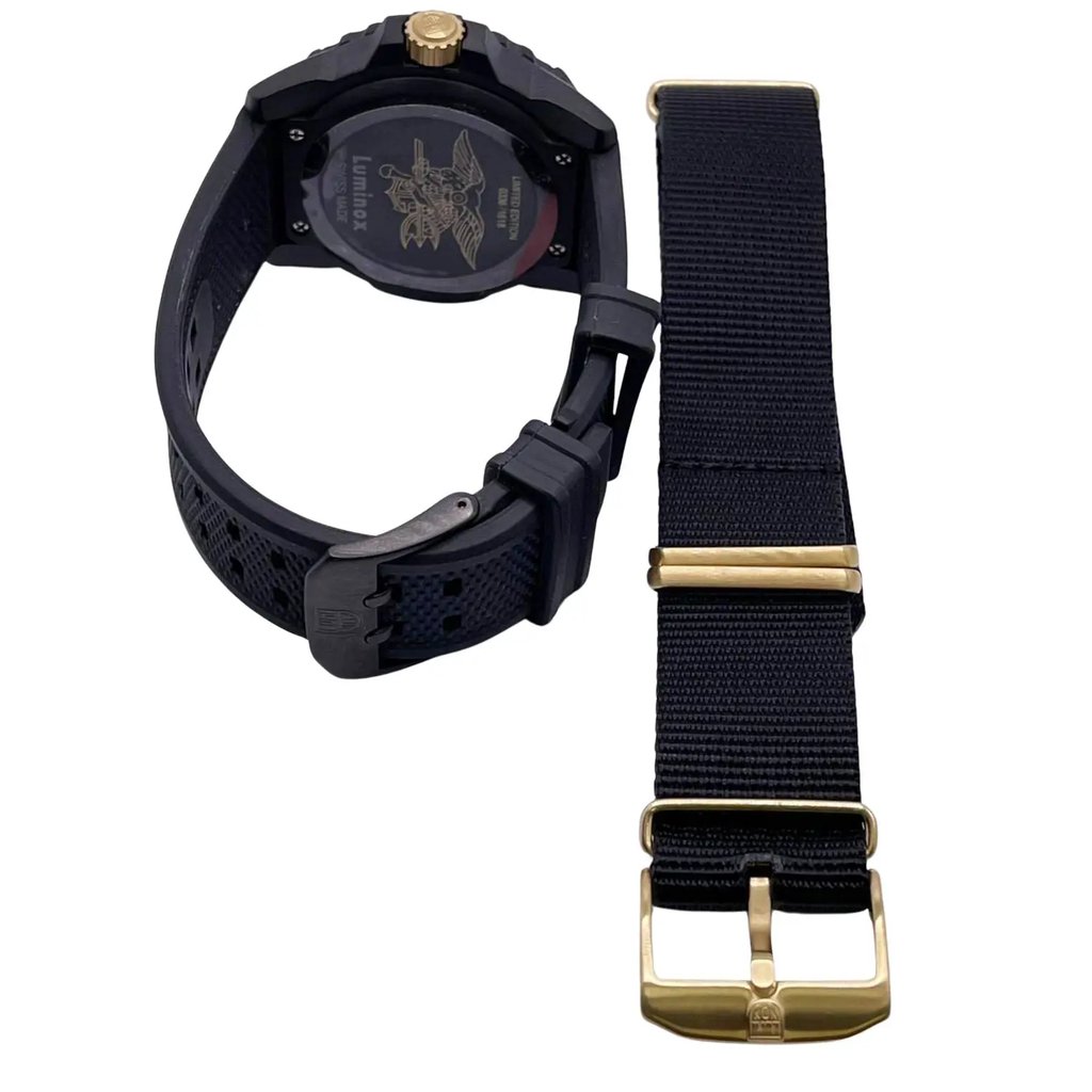 Back View Of Screwback Back Case And Open Rubber Band Of Luminox 3501.GOLD.SET Watch Unworn Condition