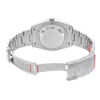 An image of a wristwatch taken from the back view, showcasing the open clasp. The watch is unworn, featuring a sleek stainless steel bracelet. The angle captures the full length of the bracelet and the back of the watch case, emphasizing its polished finish. The distance allows for a clear view of the clasp's details and the overall design of the watch.
