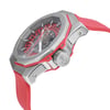 An image of a wristwatch displayed from a side profile view, highlighting the crown. The watch features a red and silver design with a visible, intricate dial. The angled shot provides a clear view of the watch's crown and strap, showcasing it as a display model.