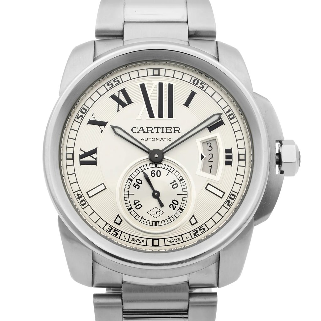 Up Close Front Facing Picture Of Cartier W7100015 Stainless Steel Watch Pre Owned Condition