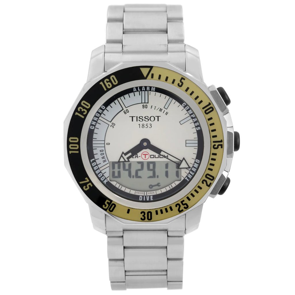 An image of a Wristwatch by Tissot. This Pre Owned item is designed for Men, featuring a Diver,Sport style. It has a Quartz movement and an Analog & Digital display with a Silver dial color. The indices include Non-Numeric Hour Marks,Stick Indexes. The band is made of Stainless Steel and the case is made of Stainless Steel. The watch has a Round shape with a case size of 44 mm and a case thickness of 16 mm.