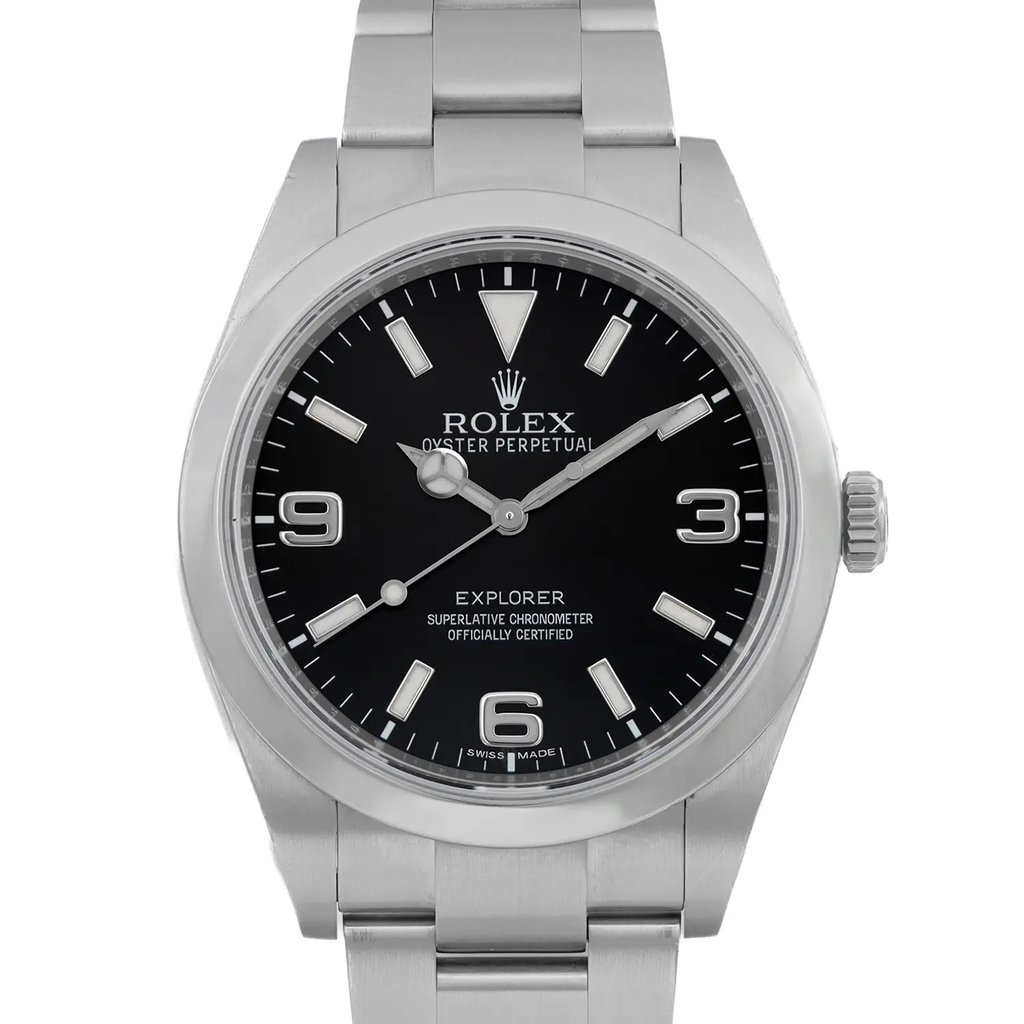 An image of a pre-owned wristwatch, featuring a front close-up shot of the watch face. The timepiece has a sleek, metallic finish with a black dial, displaying bold hour markers and hands. The watch is positioned upright, capturing the intricacies and design details from a straight-on angle, highlighting the brand name and model on the dial.