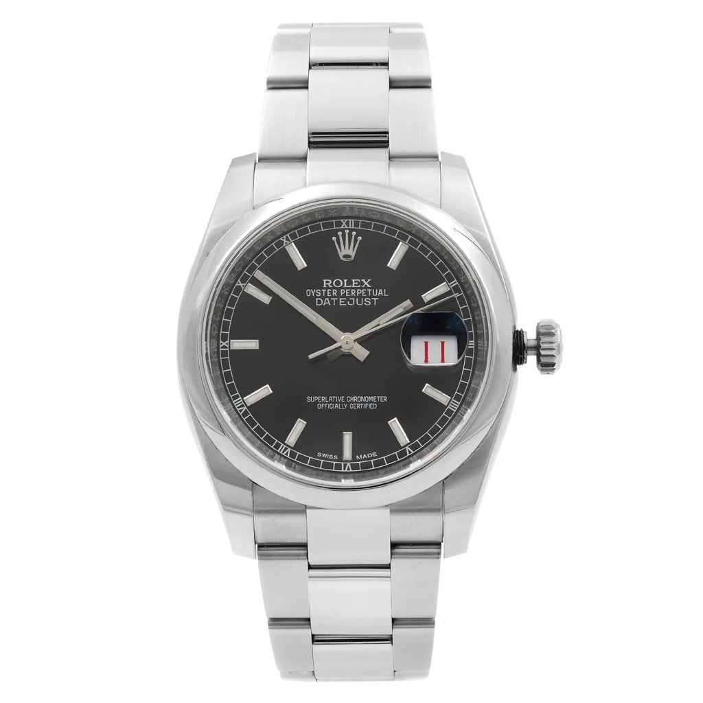 An image of a pre-owned wristwatch displayed from a front full frontal view. The watch features a metallic band and a dark face with luminous markers. The date window is visible on the right side. The watch is positioned upright, showcasing its design and details clearly.