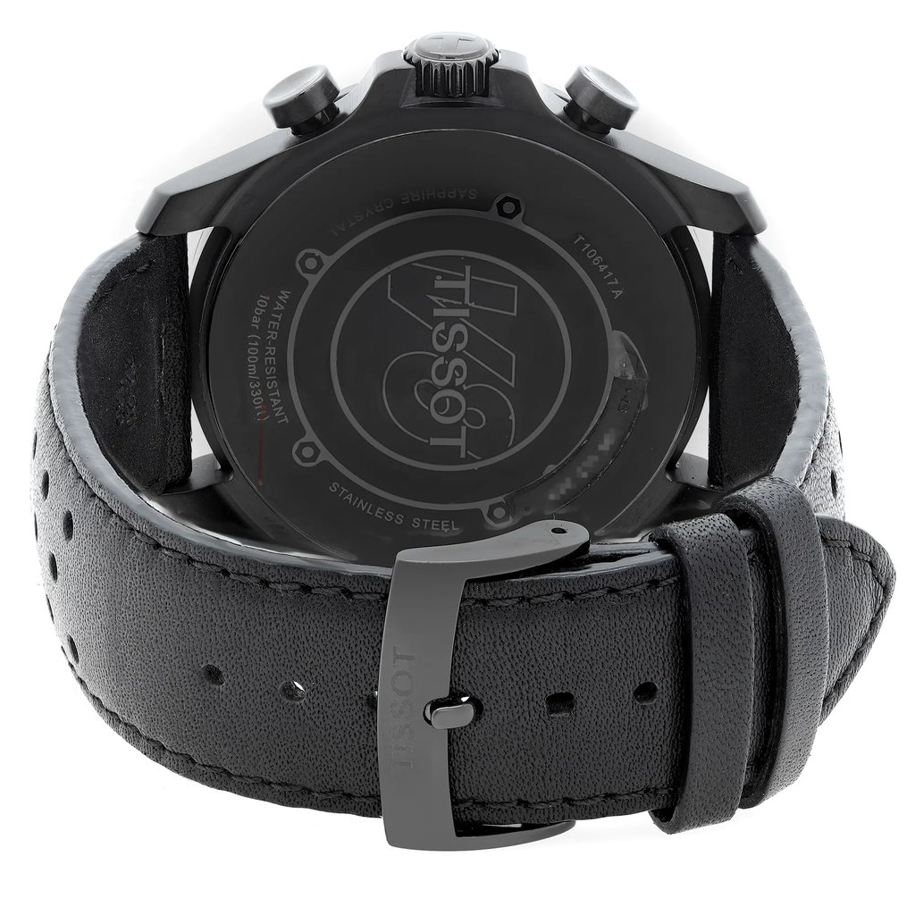 Back View Of Solid Back Case And Closed Leather Band Of Tissot T106.417.36.051.00 Watch New With Defects Condition