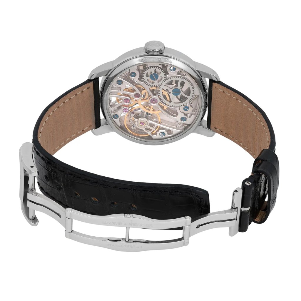Back View Of Exhibition Back Case And Open Leather Band Of Baume & Mercier 8786 Watch Pre Owned Condition