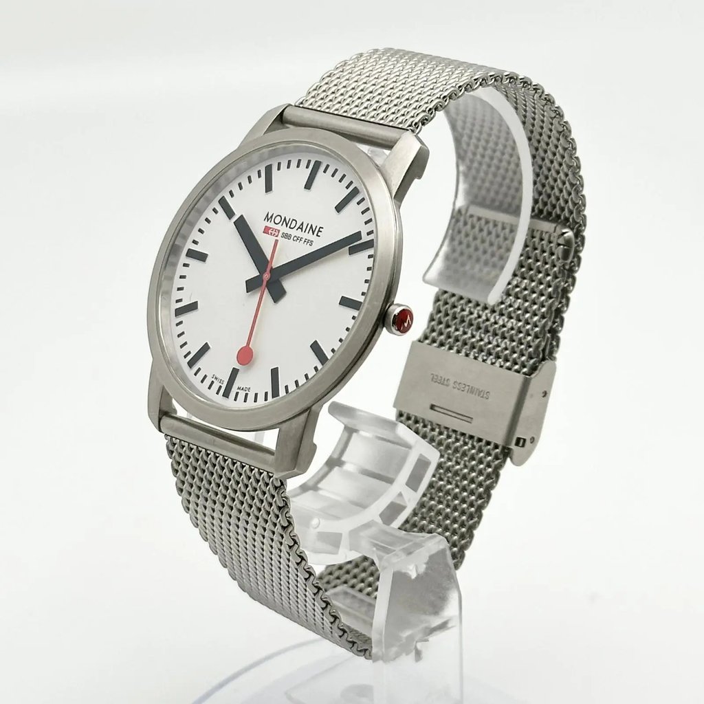 View Of Crown Facing Side Of Mondaine A638.30350.16SBM Stainless Steel Watch Display Model Condition