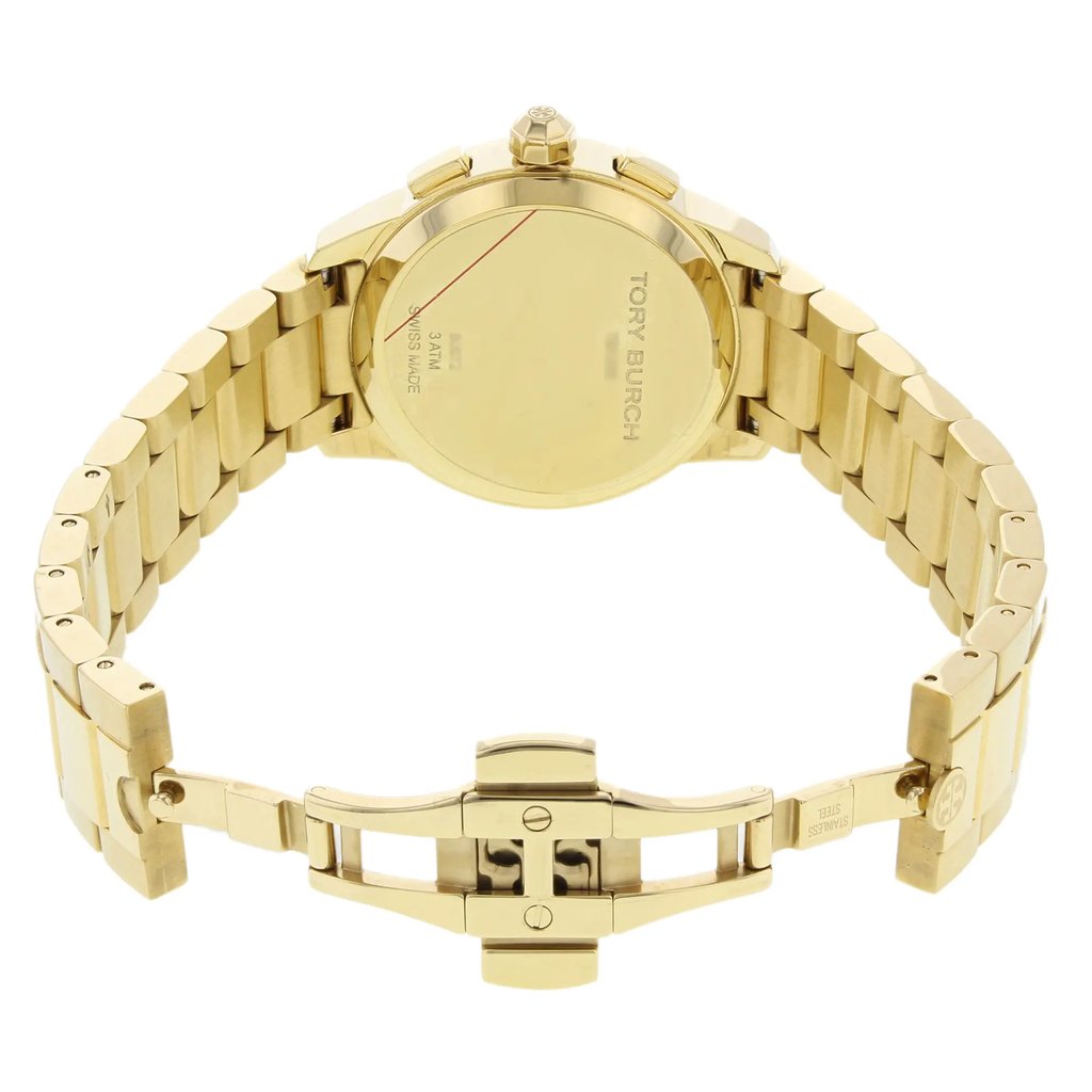 Back View Of Solid Back Case And Open Stainless Steel Band Of Tory Burch TB1250 Watch Pre Owned Condition