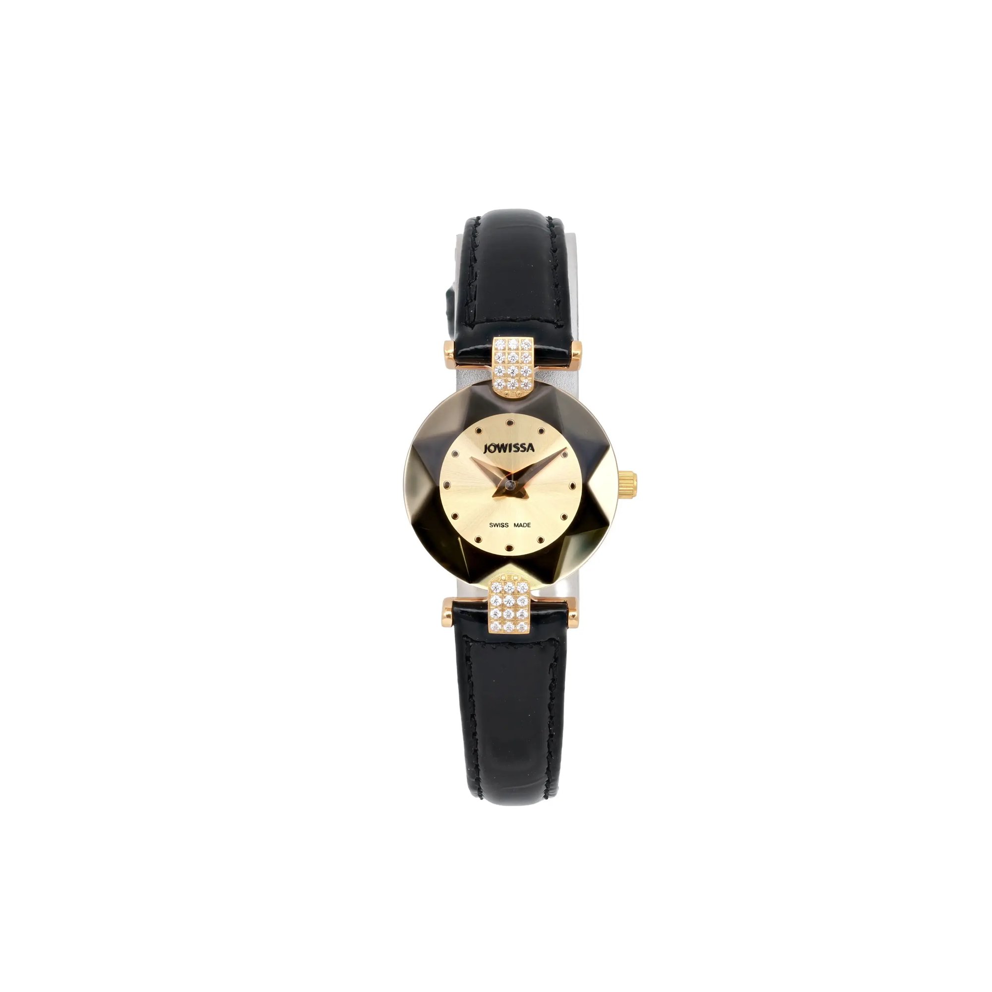 An image of a pre-owned JOWISSA women's wristwatch captured from a straight-on angle. The watch face is centered in the frame, showcasing its gold-toned dial with minimalistic hour markers and hands. It features a black leather strap and decorative elements at the lugs with crystal embellishments. The watch is positioned against a plain white background, highlighting its elegant design.