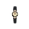 An image of a pre-owned JOWISSA women's wristwatch captured from a straight-on angle. The watch face is centered in the frame, showcasing its gold-toned dial with minimalistic hour markers and hands. It features a black leather strap and decorative elements at the lugs with crystal embellishments. The watch is positioned against a plain white background, highlighting its elegant design.