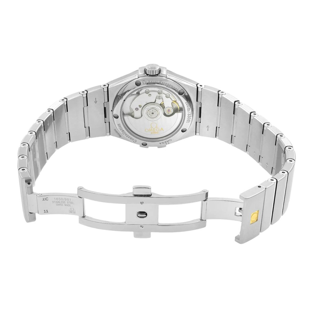 Back View Of Exhibition Back Case And Open Stainless Steel Band Of OMEGA 123.15.35.20.02.001 Watch New Without Tags Condition
