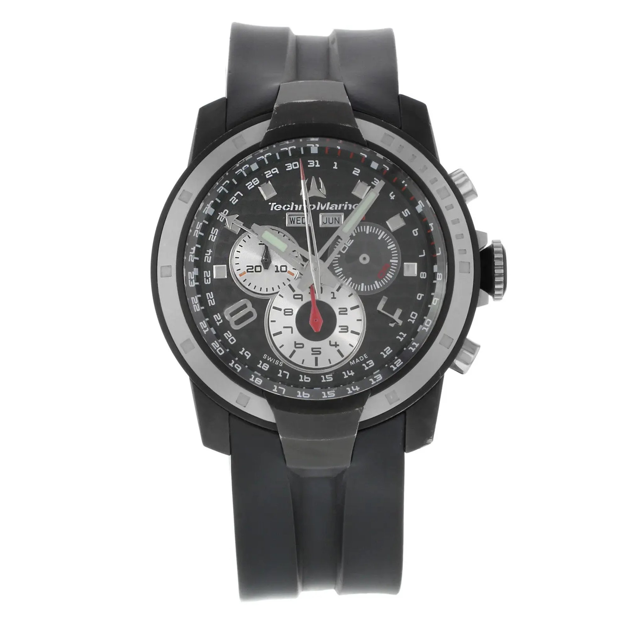 An image of a Wristwatch by TechnoMarine. This Pre Owned item is designed for Men, featuring a Sport style. It has a Quartz movement and an Analog display with a Black dial color. The indices include 12-Hour Dial,Arabic Numerals,Multi Dial,Seconds Hand. The band is made of Rubber and the case is made of Stainless Steel. The watch has a Round shape with a case size of 45 mm and a case thickness of 14 mm.