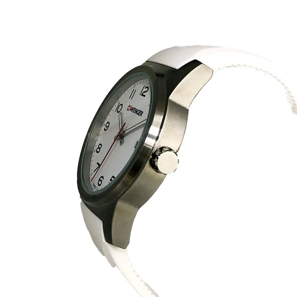View Of Crown Facing Side Of Wenger 01.0441.147 Stainless Steel Watch Display Model Condition