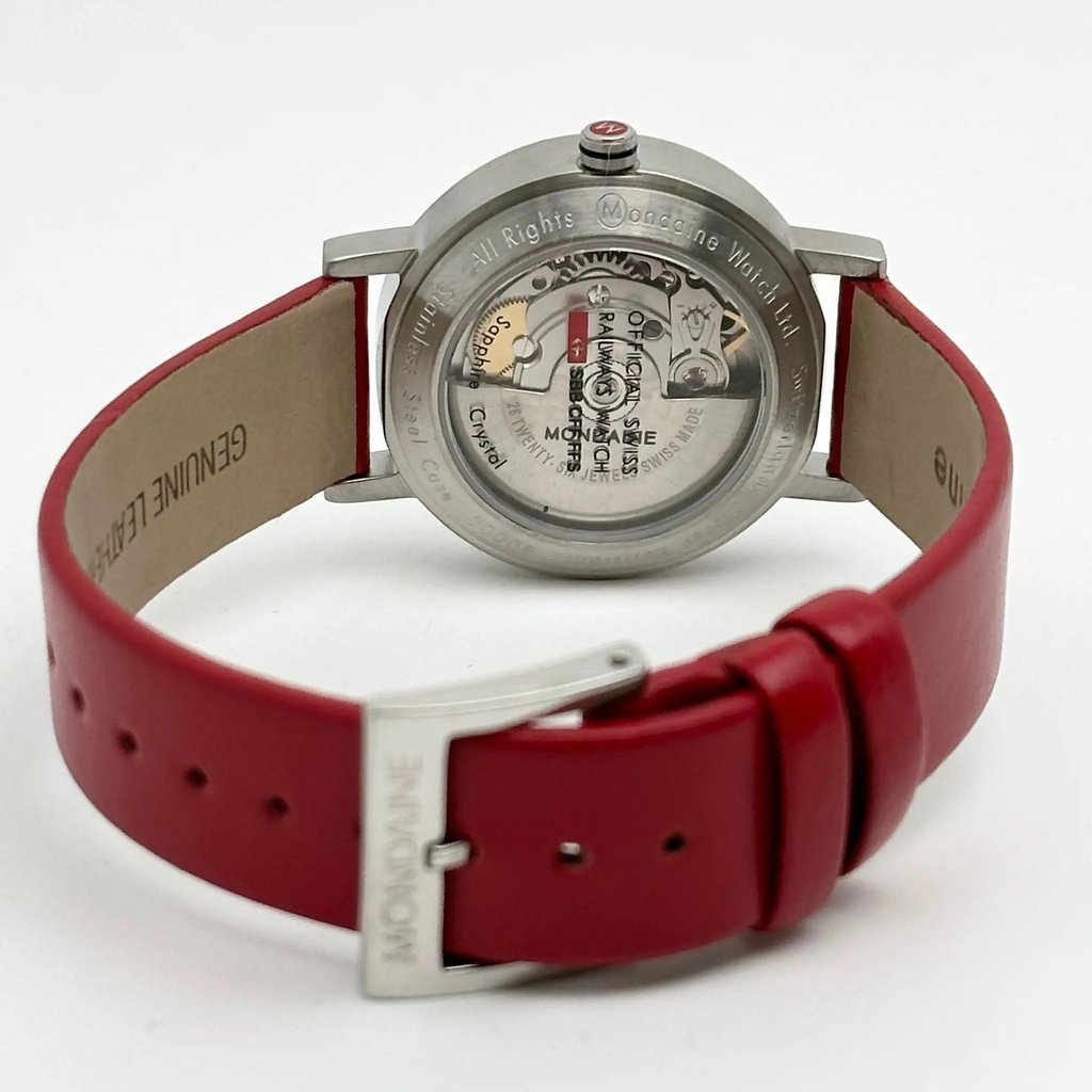 Back View Of Exhibition Back Case And Closed Leather Band Of Mondaine A128.30008.16SBC Watch Display Model Condition