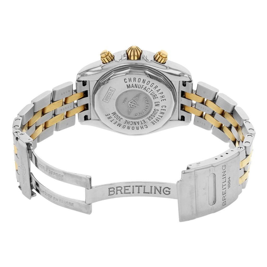 Back View Of {Caseback} Back Case And Open Stainless and Solid Gold Band Of Breitling B13356 Watch Pre Owned Condition