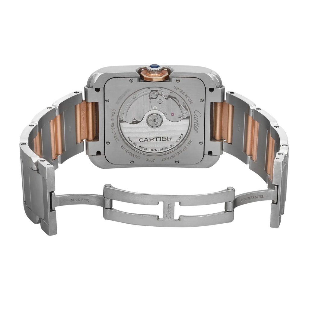 An image of a pre-owned women's Cartier wristwatch, viewed from the back at a slight angle. The watch is positioned centrally in the frame, showing the stainless steel and rose gold bracelet extended. The focus is on the transparent case back, revealing the internal mechanism with "Cartier" branding clearly visible. The watch includes a date indicator feature.