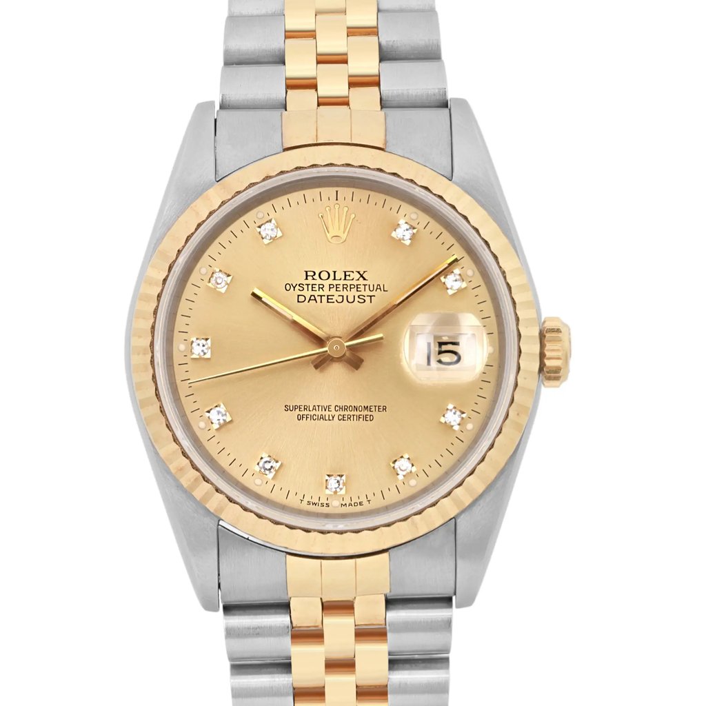 Up Close Front Facing Picture Of Rolex 16233 Stainless Steel Watch Pre Owned Condition