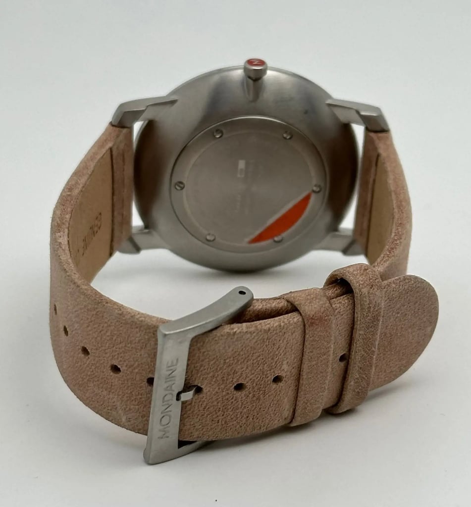 Back View Of Snap Back Case And Closed Leather Band Of Mondaine A638.30350.16SBG Watch Display Model Condition