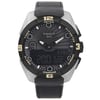 An image of a Wristwatch by Tissot. This New With Defects item is designed for Men, featuring a Sport style. It has a Quartz movement and an Analog & Digital display with a Black dial color. The indices include 12-Hour Dial,Arabic Numerals,Arrow Markers. The band is made of Leather and the case is made of Titanium. The watch has a Round shape with a case size of 45 mm and a case thickness of 13 mm.