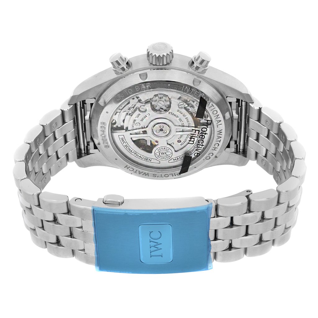 Back View Of Solid Back Case And Closed Stainless Steel,Leather Band Of IWC IW388102 Watch Unworn Condition