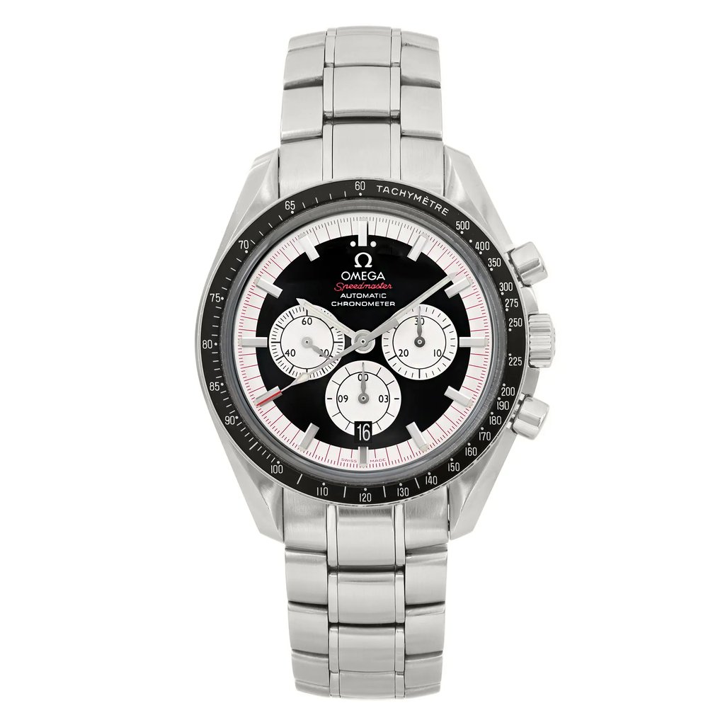 An image of a pre-owned wristwatch shown in a front full frontal view. The watch features a stainless steel bracelet and a round bezel. The dial is black with white sub-dials and markings, and three silver-tone pushers are visible on the right side. The image is taken from a close distance, focusing on the details of the watch face and bracelet.