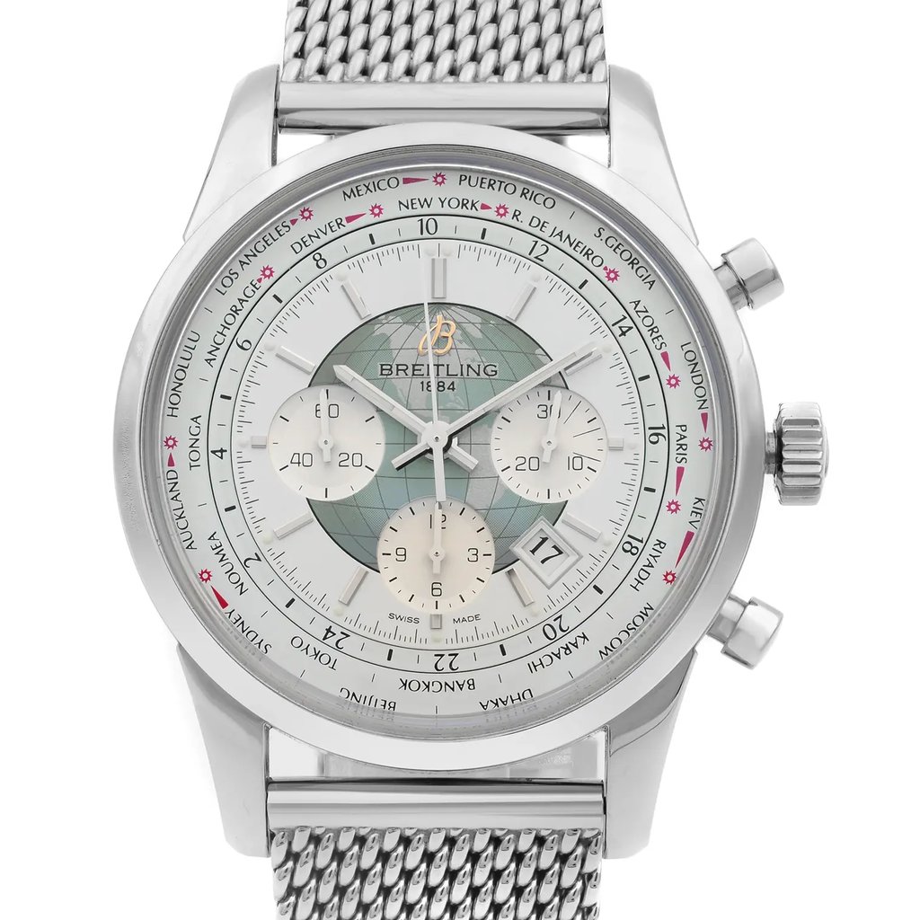 Up Close Front Facing Picture Of Breitling AB0510U0-A732-152A Stainless Steel Watch Display Model Condition