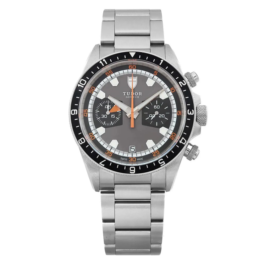 An image of a wristwatch displayed from a front full frontal view. The watch features a stainless steel bracelet and a round dial with chronograph subdials. The hands and markers are clearly visible against the dark face. The image captures the watch in a display model condition, showcasing its intricate details and design.