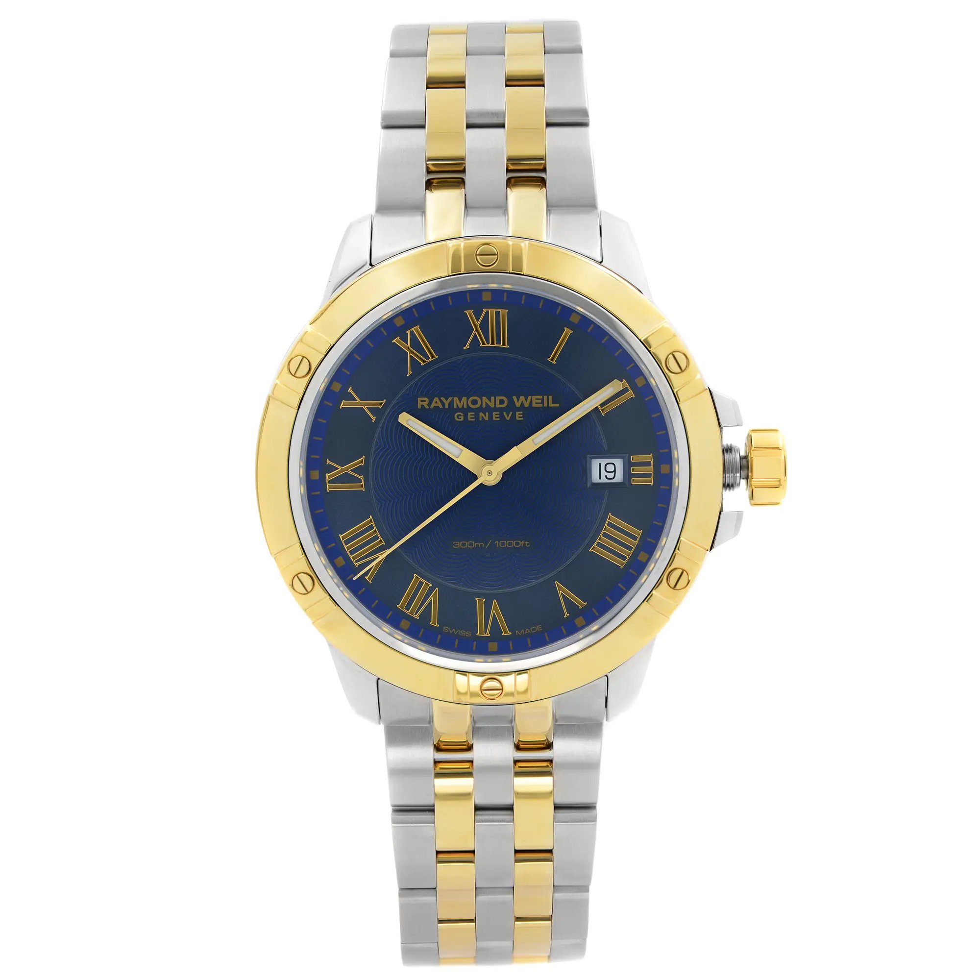 An image of a Wristwatch by RAYMOND WEIL. This Display Model item is designed for Men, featuring a Dress/Formal style. It has a Quartz movement and an Analog display with a Blue dial color. The indices include 12-Hour Dial,Roman Numerals. The band is made of Stainless Steel and the case is made of Stainless Steel. The watch has a Round shape with a case size of 40 mm and a case thickness of 10 mm.