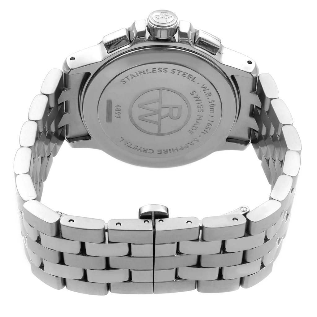 Back View Of Solid Back Case And Closed Stainless Steel Band Of RAYMOND WEIL 4899-ST-00208 Watch Pre Owned Condition