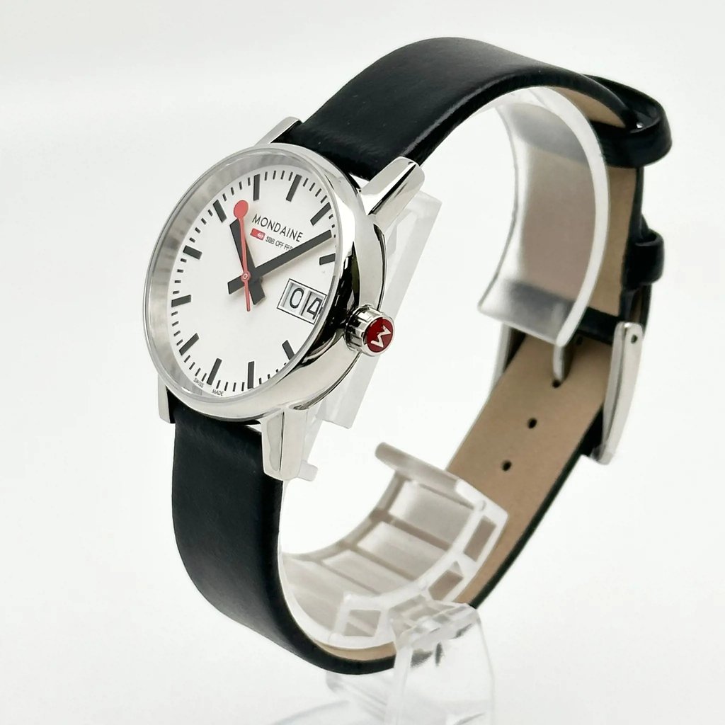 View Of Crown Facing Side Of Mondaine MSE.30210.LB Stainless Steel Watch Display Model Condition